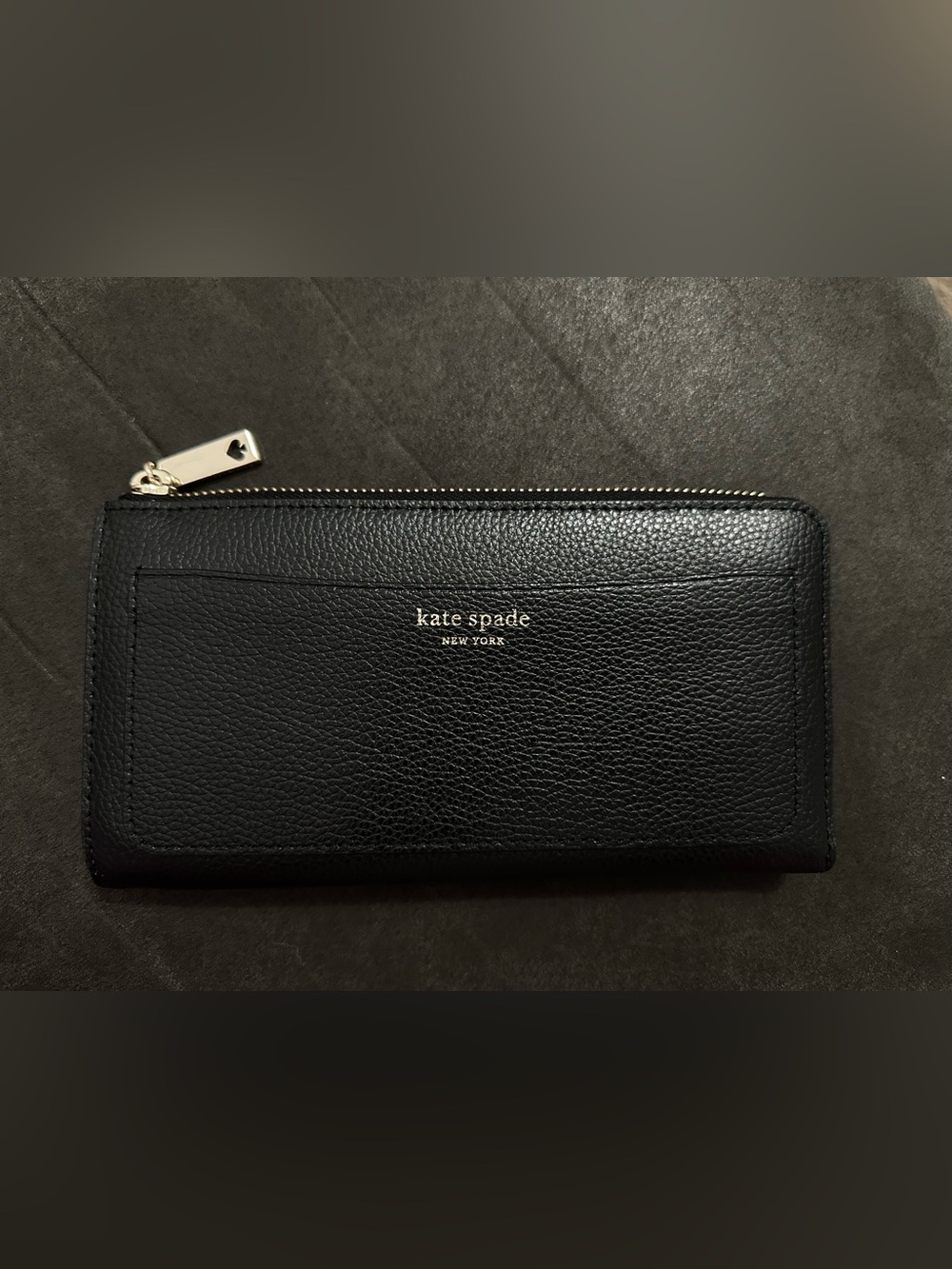kate spade Black Pebbled Leather Zip Wallet with Gold Logo